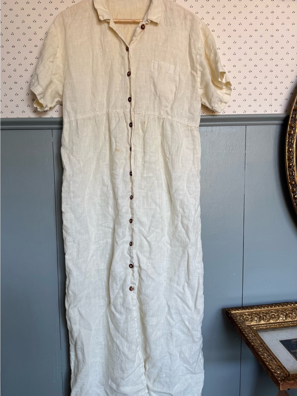 Vintage Button-Front 100% Linen Maxi Dress - Cream
